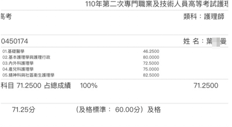 110護理師上榜學員葉○曼