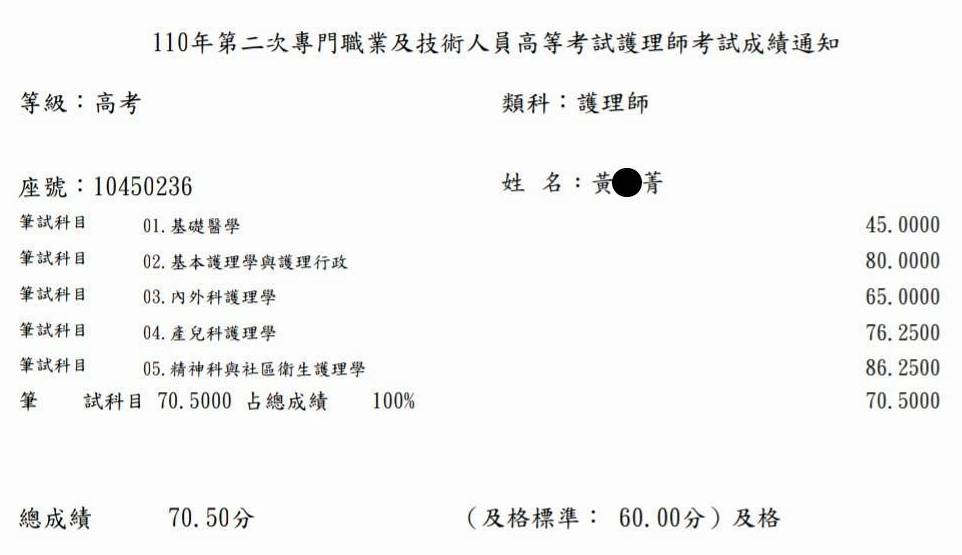 110護理師上榜學員黃○菁