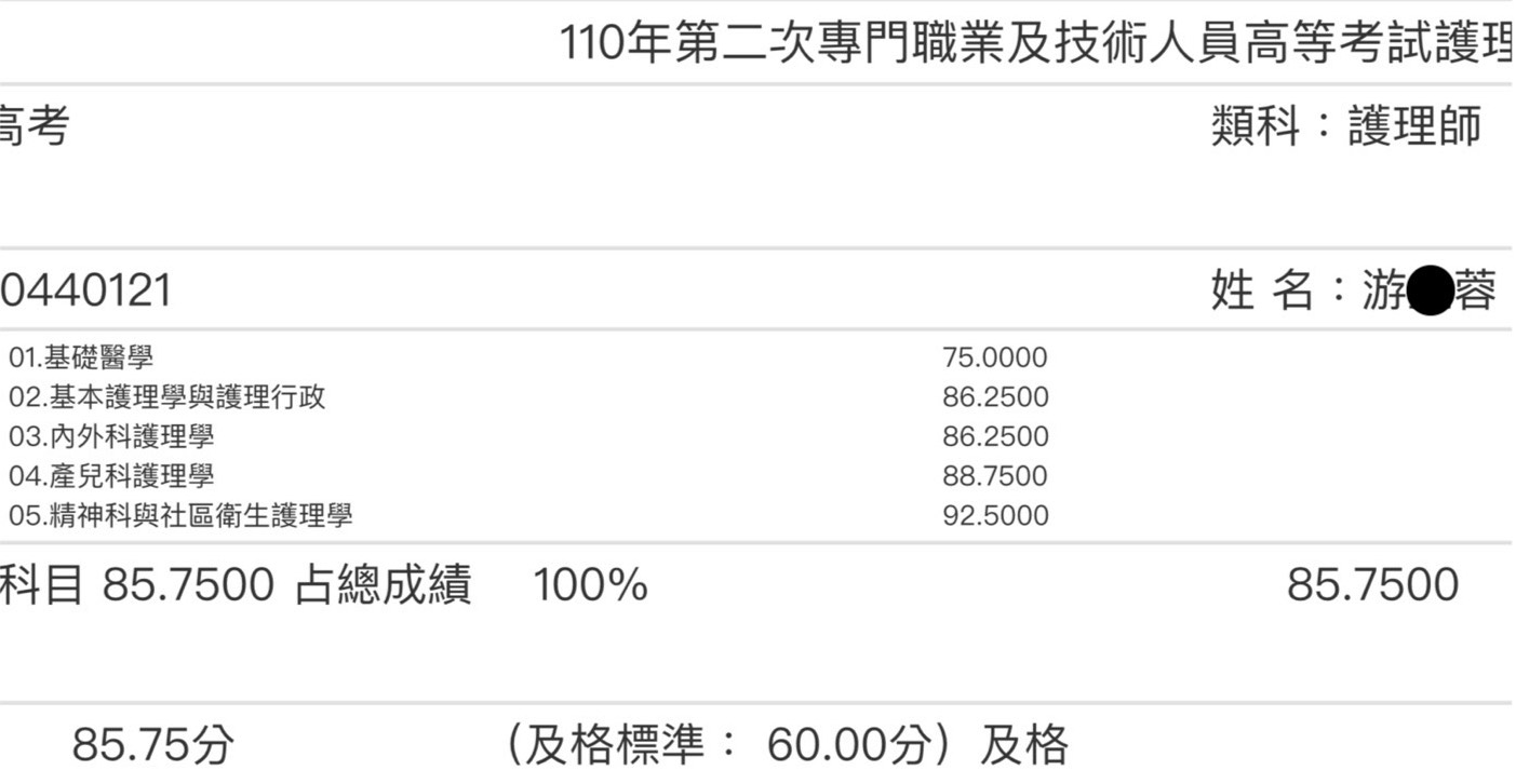 110護理師上榜學員游○蓉