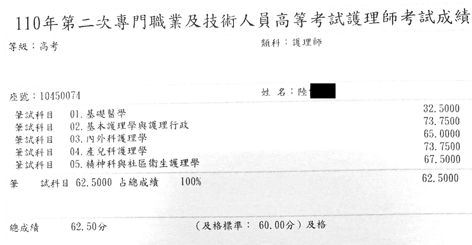 110護理師上榜學員陸同學