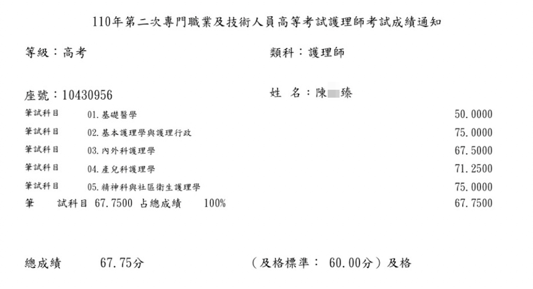 110護理師上榜學員陳○臻