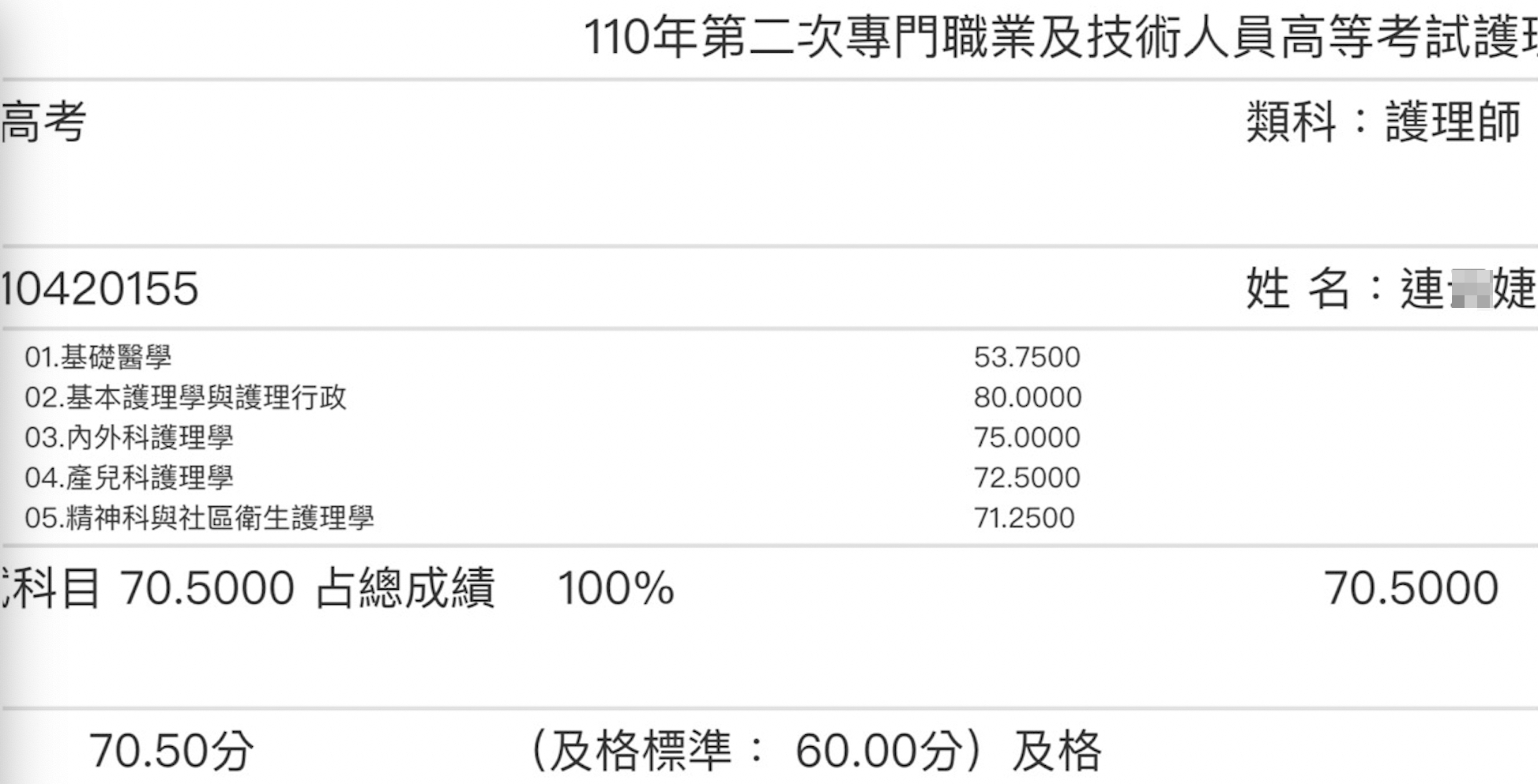 110護理師上榜學員連○婕