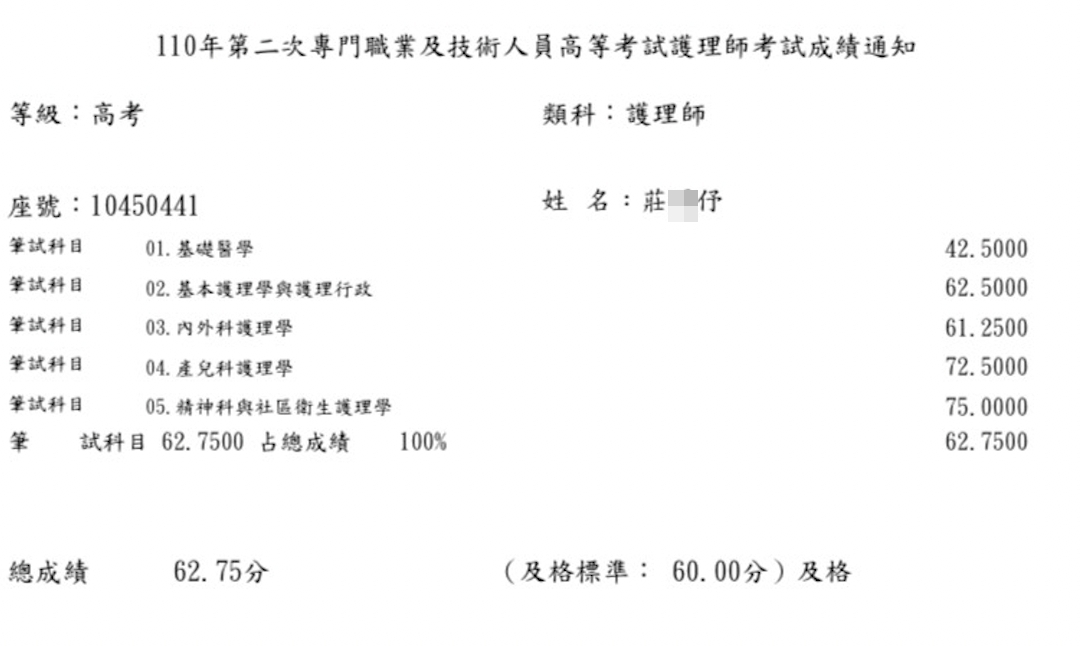 110護理師上榜學員莊○伃