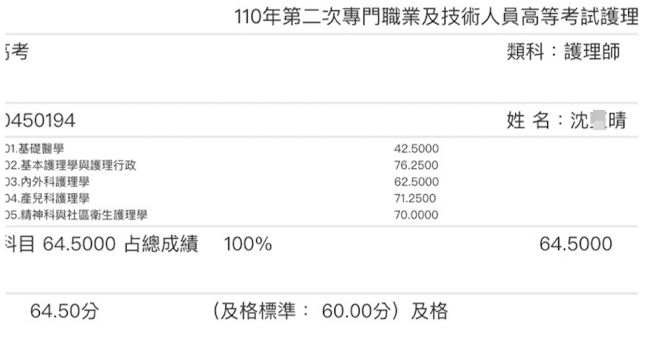 110護理師上榜學員沈○晴