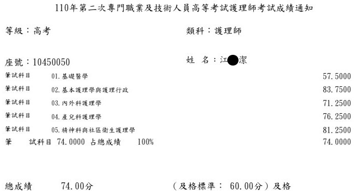 110護理師上榜學員江○潔