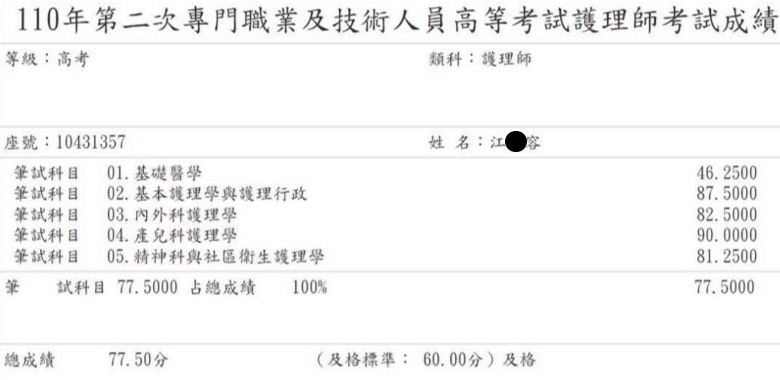 110護理師上榜學員江○容