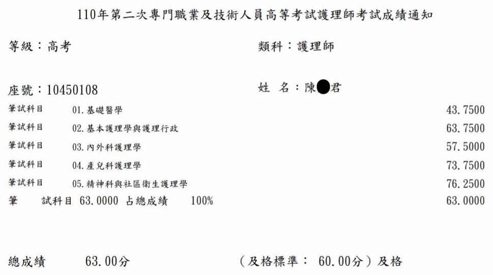 110護理師上榜學員陳○君