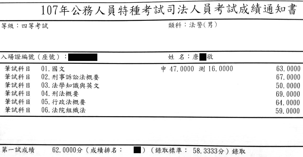 107年四等法警上榜學員唐○敬