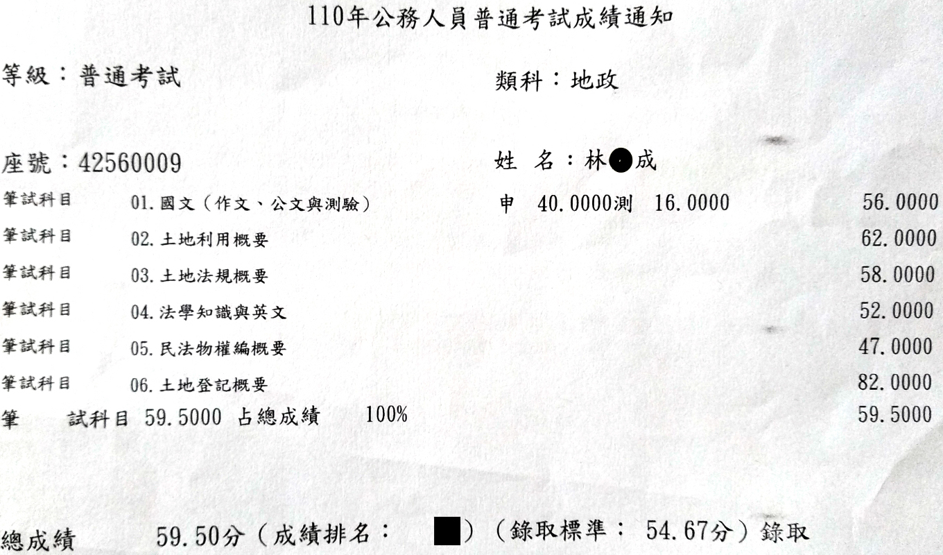 110首宇普考地政上榜學員林○成