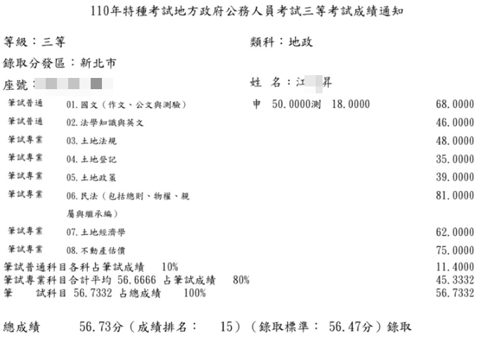 110首宇地特地政三等(新北)上榜學員江○昇