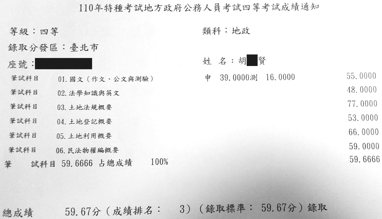 110首宇地特地政四等(台北)探花上榜學員胡○賢