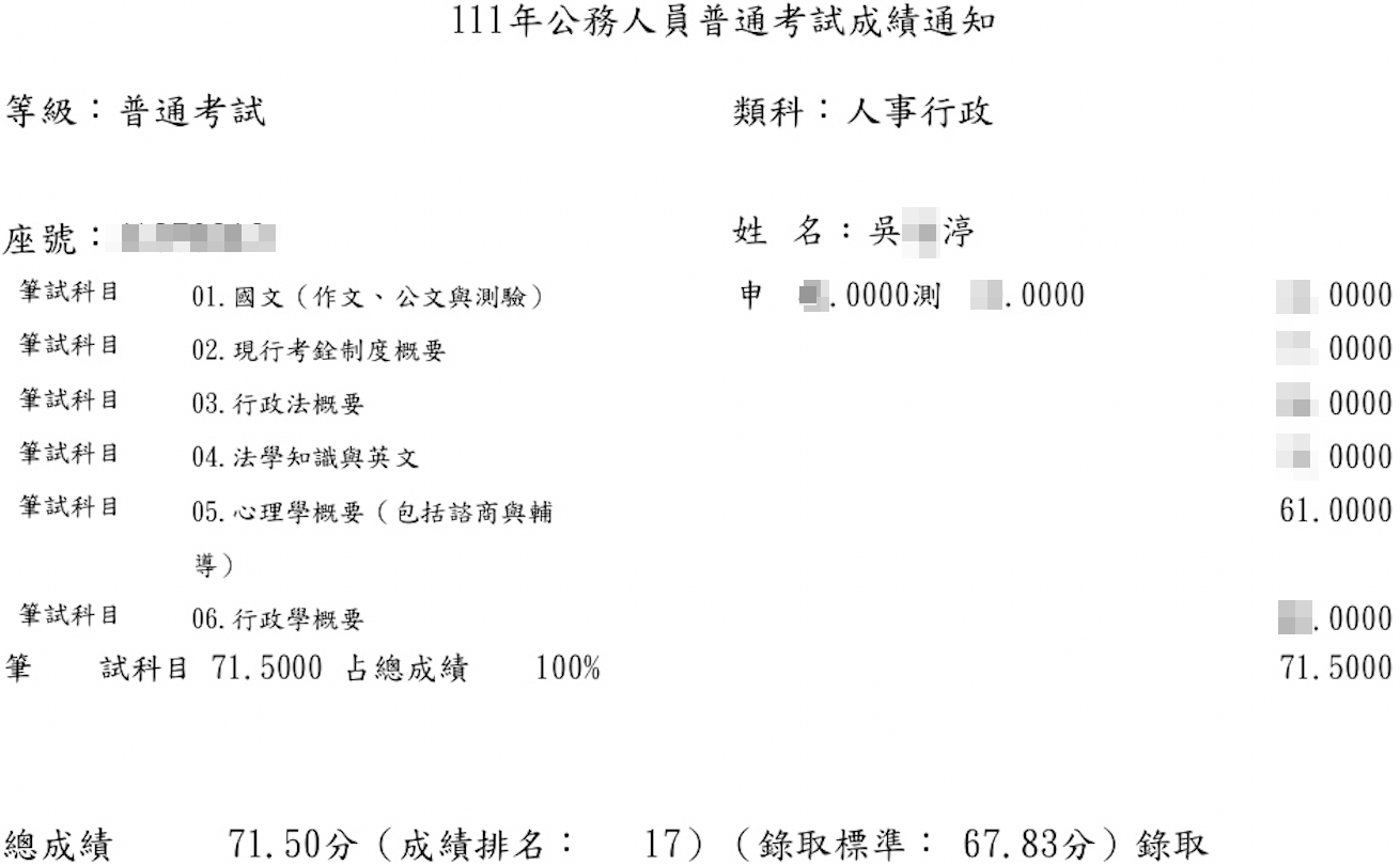 111普考人事行政上榜學員吳○渟