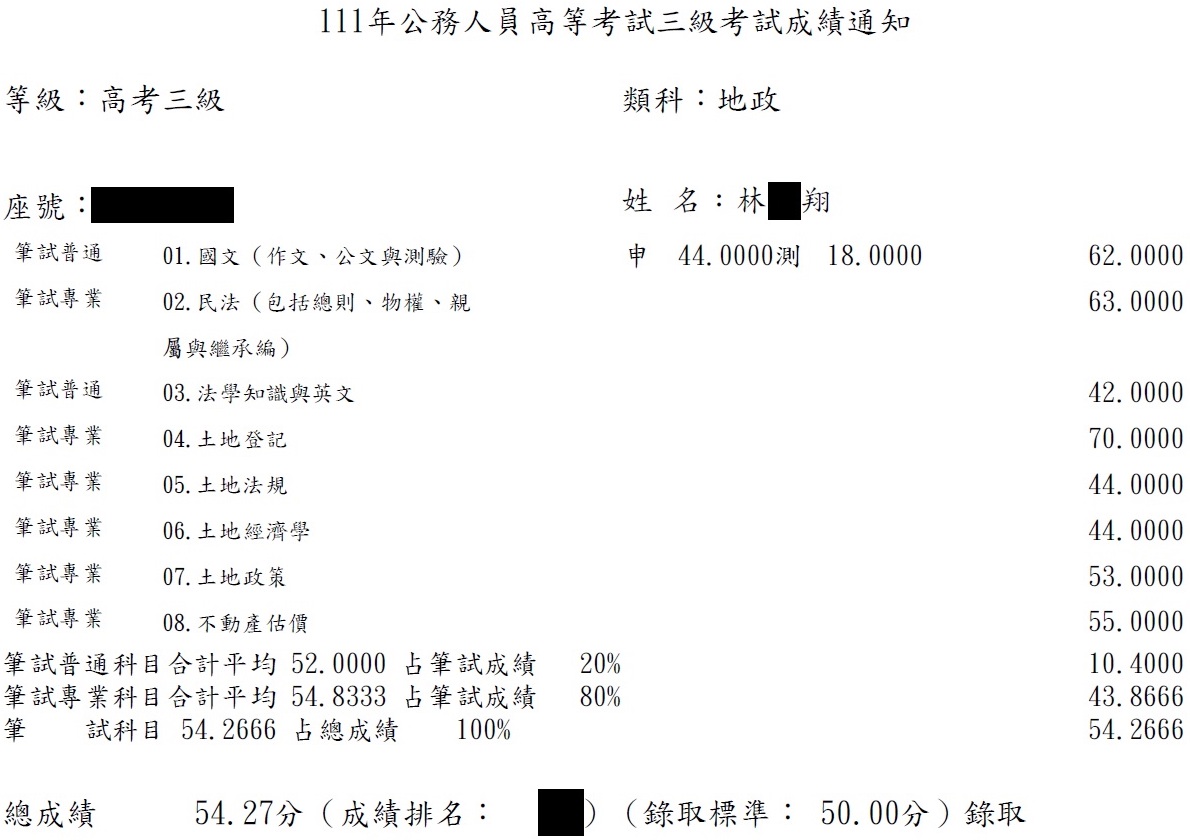 111首宇高考地政＋普考地政第5名上榜學員林○翔