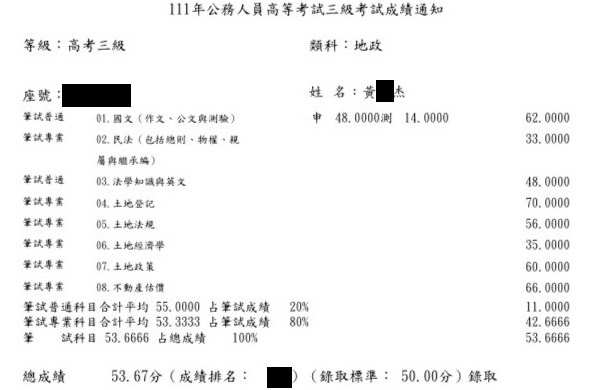 111首宇高考地政＋普考地政上榜學員林○翔