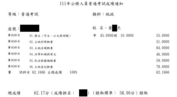 111首宇高考地政＋普考地政上榜學員黃○杰