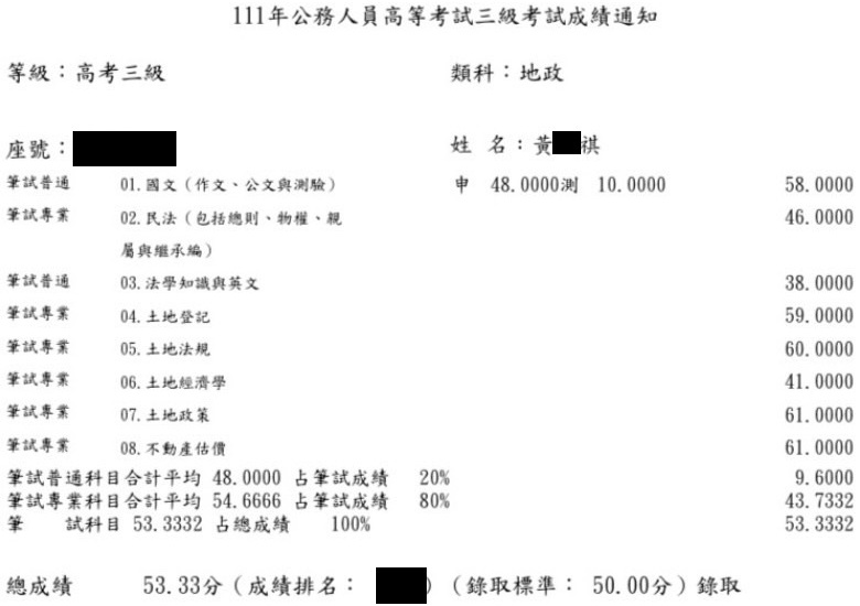 111首宇高考地政上榜學員黃○祺