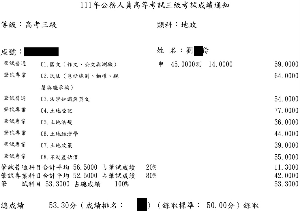 111首宇高考地政上榜學員劉○伶