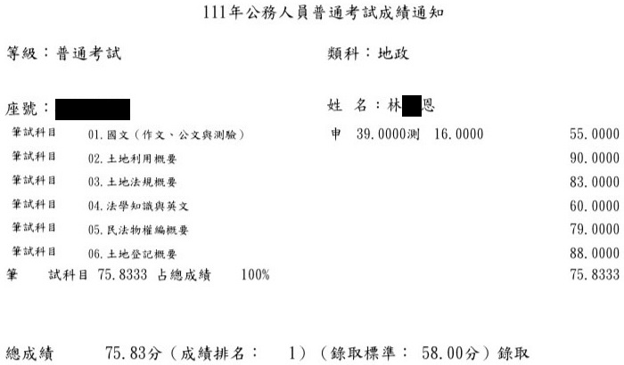 111首宇高考地政＋普考地政第5名上榜學員林○翔