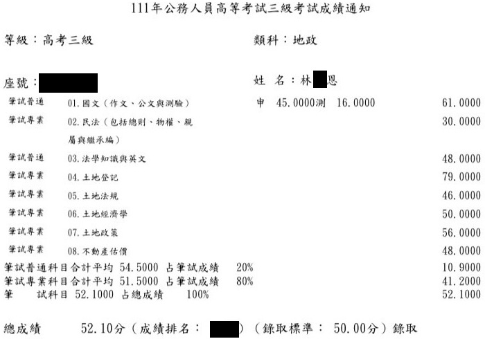 111首宇高考地政＋普考地政第5名上榜學員林○翔