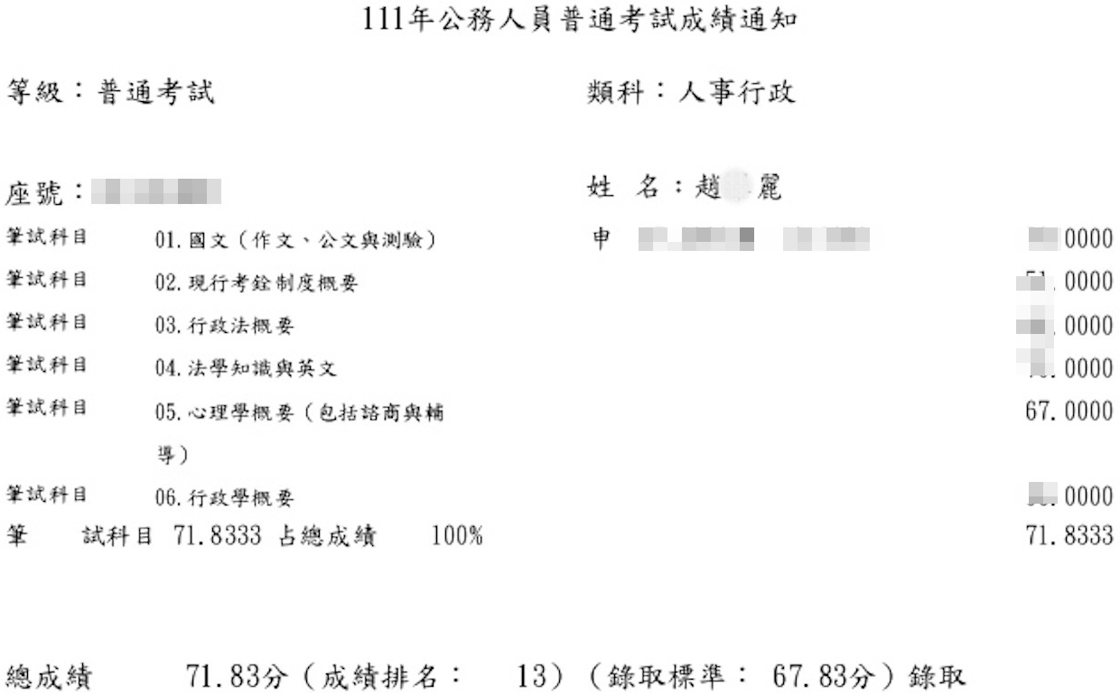 111普考人事行政上榜學員趙○麗