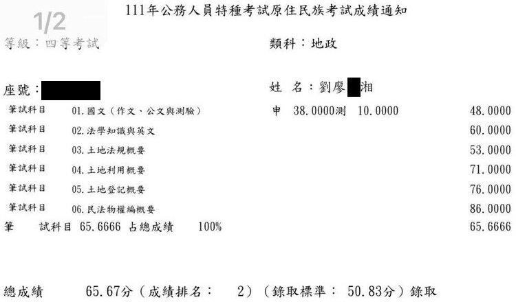 111原住民特考四等地政榜眼上榜學員劉廖○湘