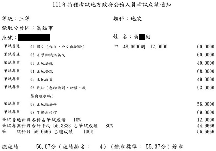 111首宇地特地政三等(高雄)第4名上榜學員黃○庭