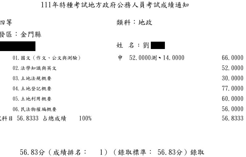 111首宇地特地政四等(金門)狀元上榜學員劉○