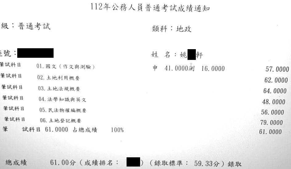 112首宇普考地政+112地政士上榜學員姚○軒