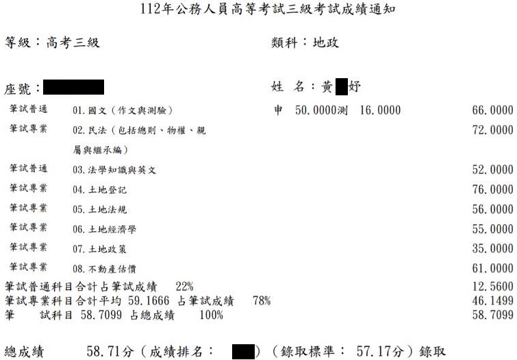 112首宇高考地政上榜學員黃○妤