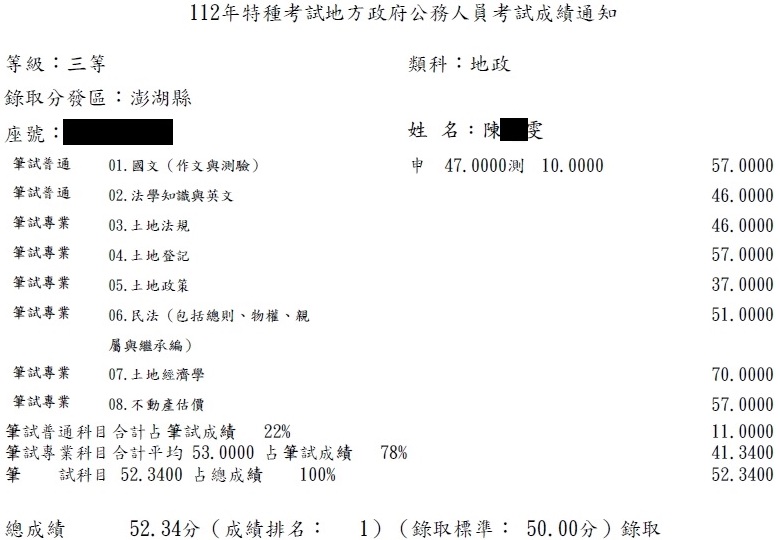 112首宇地特地政三等(澎湖)狀元上榜學員陳○雯