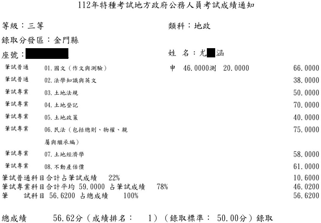 112首宇地特地政三等(金門)狀元上榜學員尤○涵