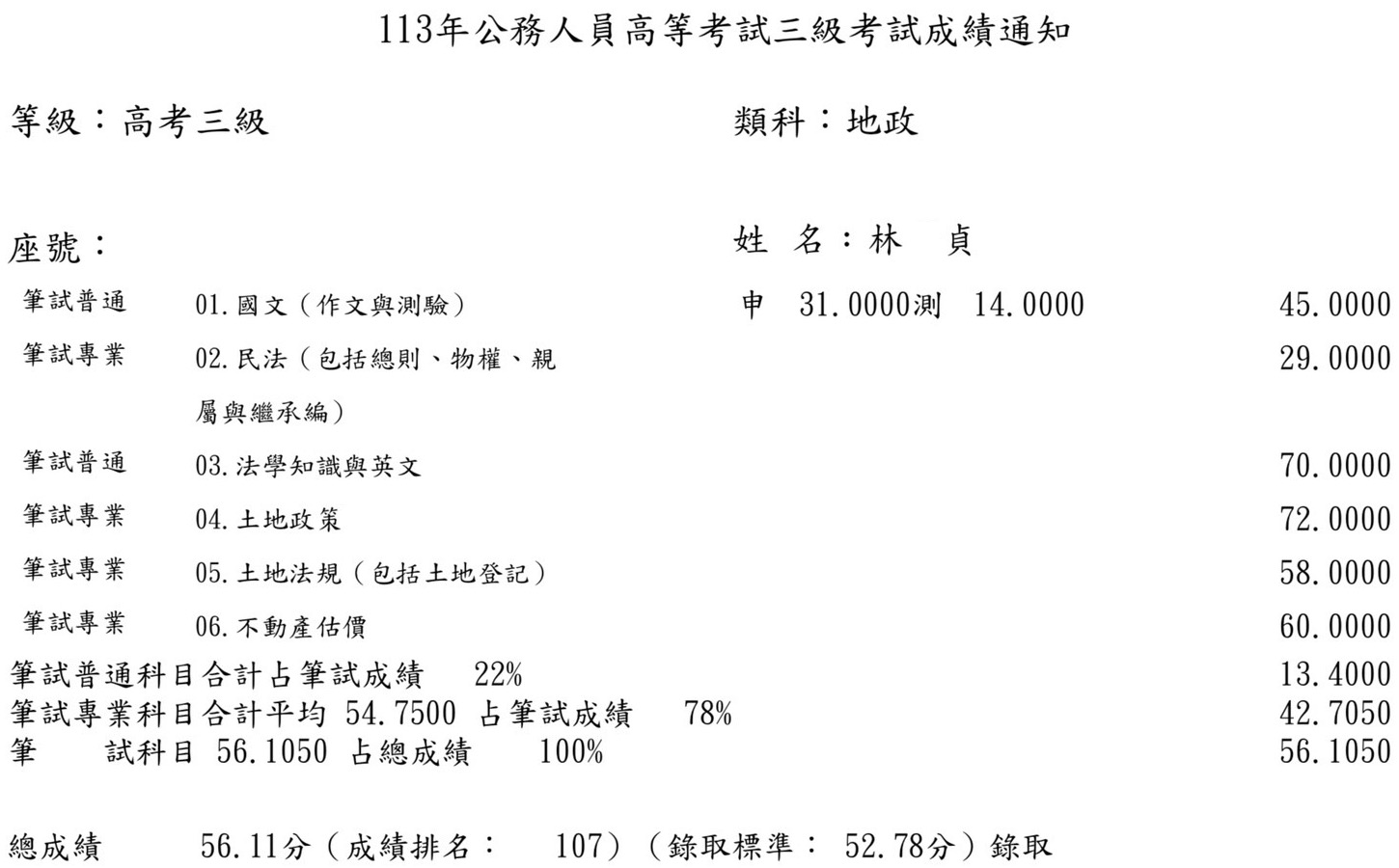 113首宇高考地政上榜學員林○貞