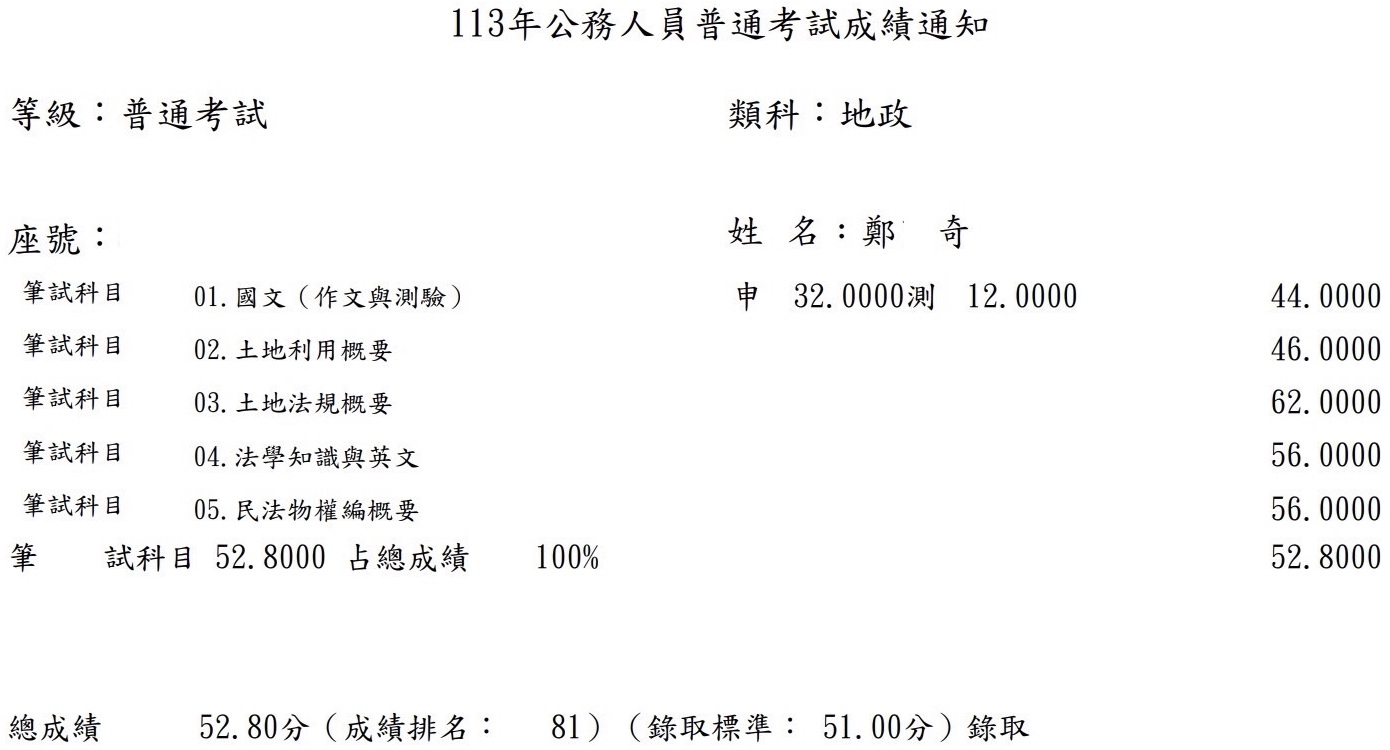 113首宇高考地政+普考地政+111經紀人+地政士上榜學員鄭○奇