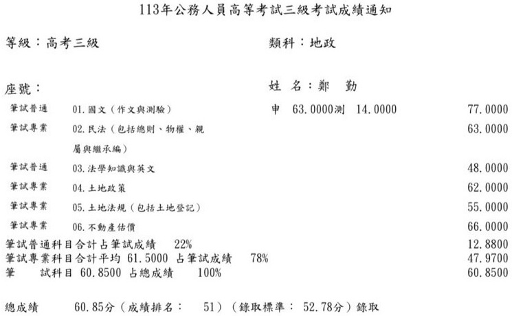 113首宇高考地政+112普考地政上榜學員鄭○勤