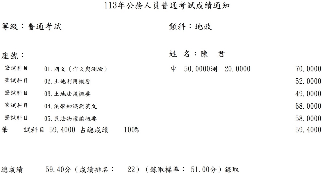 113首宇高考地政+普考地政+108經紀人上榜學員陳○君