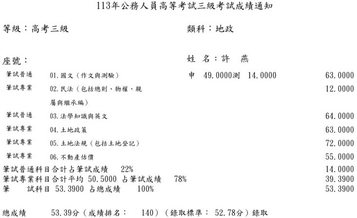 113首宇高考地政+普考地政上榜學員許○燕