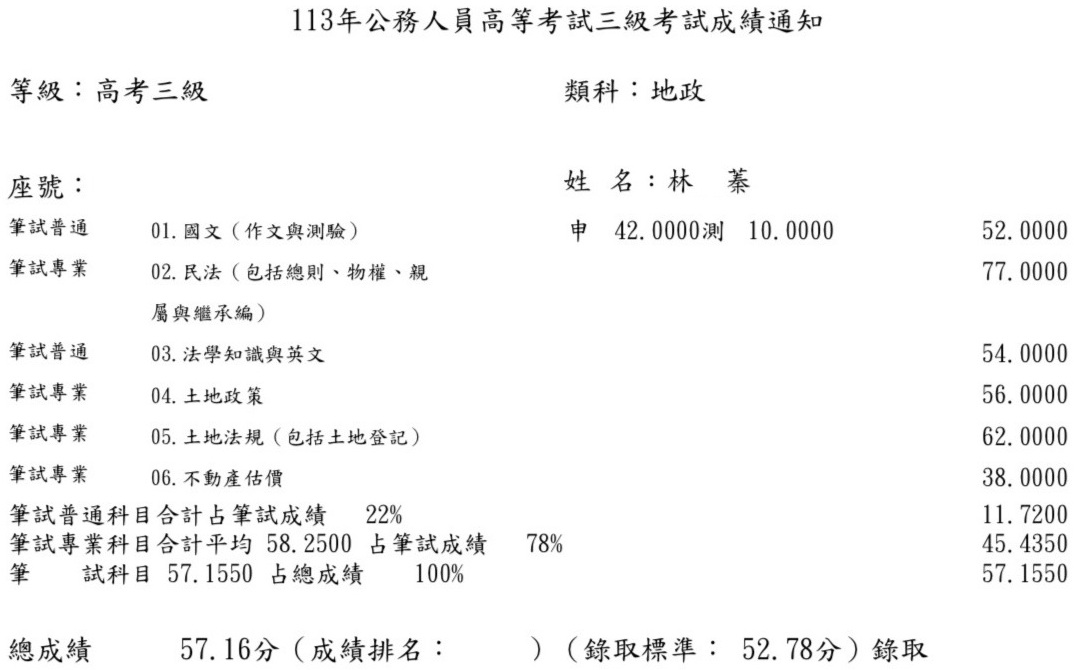 113首宇高考地政+108經紀人上榜學員林○蓁