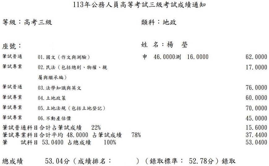 113首宇高考地政上榜學員楊○瑩