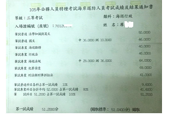 105海巡特考三等上榜學員廖○佑