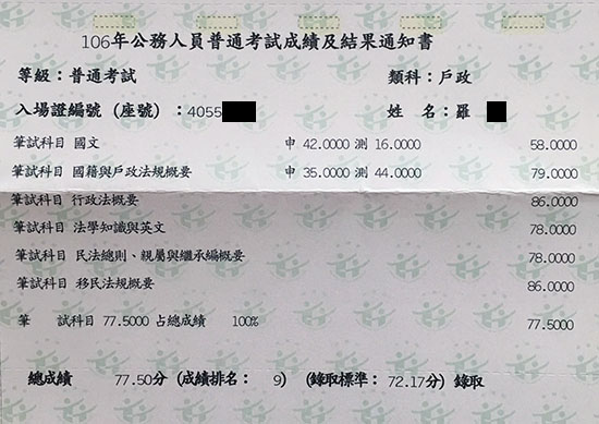 106普考戶政第9名上榜學員羅同學