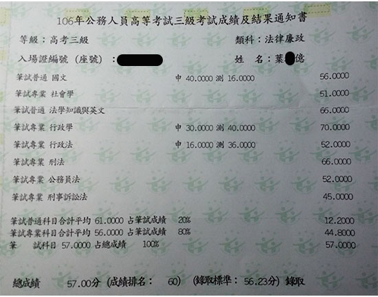 106高考法律廉政上榜學員葉○億