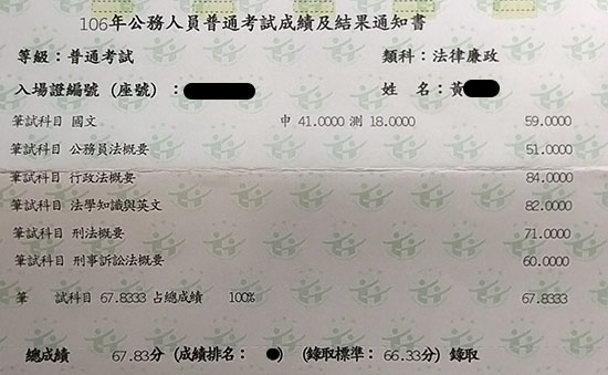 106普考法律廉政上榜學員黃○偉