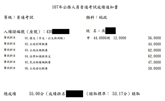 107首宇普考地政上榜學員吳同學