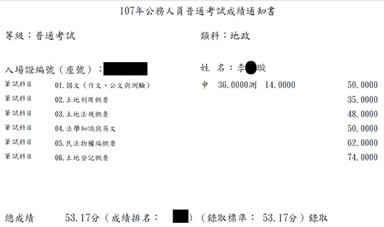 107首宇普考地政上榜學員李○璇