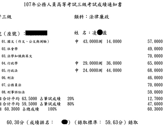 107高考法律廉政上榜學員凌○盈