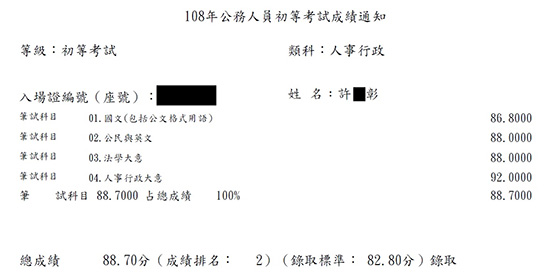 107初考人事行政榜眼 地特三等人事行政 花東 狀元上