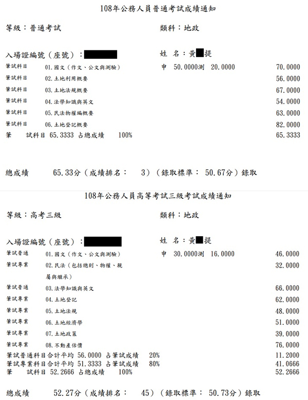 108首宇普考地政探花+高考地政上榜學員黃○提