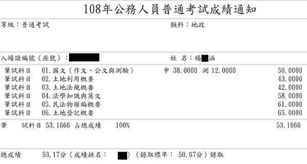 108首宇普考地政上榜學員楊○涵