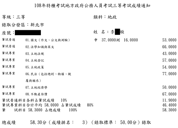 108首宇地特地政三等(新北)三等探花上榜學員李○璇