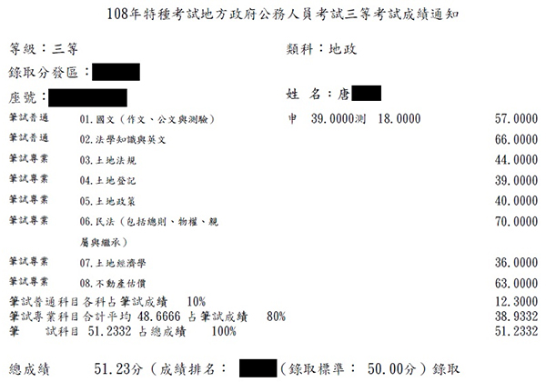 108首宇地特地政三等上榜學員唐同學